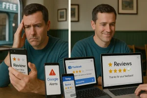 Reputation Management - Business Owner Looking at Reviews - Before and After