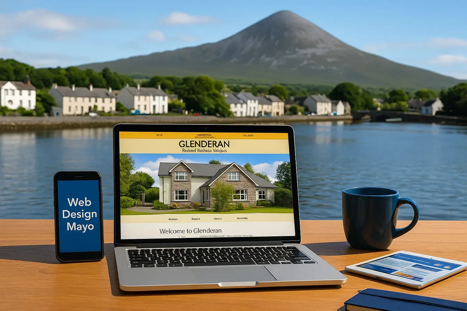 Web design for Mayo businesses – laptop showing Glenderan B&B website in Westport with Croagh Patrick in background