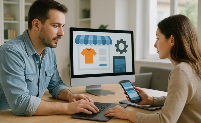 Commerce Solutions - Web Designer and Client Discussing a Website